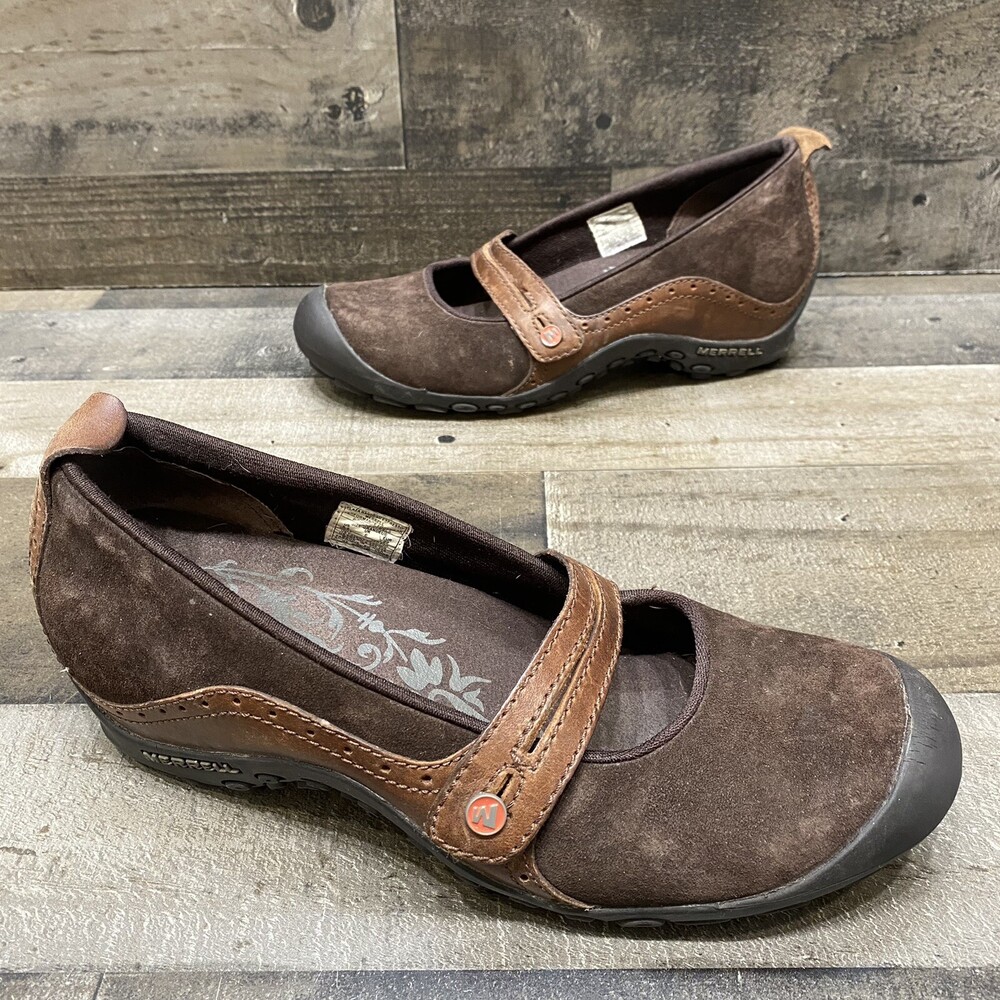 Merrell Plaza Bandeau Espresso Brown Suede Mary Jane Heel Shoes Size 8.5